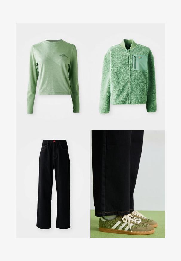 Zelená fleecová bunda s textúrovaným povrchom, ktorá má zipsom uzatváranú náprsníkovú vrecko a rebrovaný golier. Predné zapínanie na zips, dlhé rukávy.; Svetlozelené tričko s dlhými rukávmi vyrobené z jemnej bavlny, s okrúhlym výstrihom a malým potlačeným logom na hornej ľavej strane.; Čierne denimové nohavice s rovnými nohavicami, klasickým strihaním s piatimi vreckami, červeným detailom na gombíku a kontrastným zlatým prešívaním.; Zelené tkané tenisky s bielymi pruhmi, z semišovými detailmi a gumovou podrážkou, kombinované s čiernymi denimovými nohavicami.