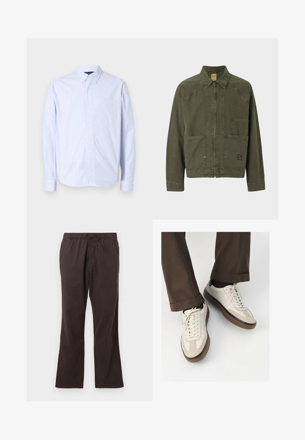 Olíva zöld dzseki, elől cipzárral, hegyes gallérral és két elülső zsebbel. Szilárd anyagból készült, látható varrási részletekkel.; Világoskék és fehér függőleges csíkos gombos ing. Kézzel készített gallérral, hosszú ujjakkal és mellzsebbel rendelkezik. Szőtt anyagból készült.; Sötétbarna, gumi derékpántos nadrág húzózsinórral, egyenes szárú kialakítással és sima, texturált anyaggal.; Beige sportcipők, texturált velúr elülső résszel, sima bőr oldalakkal és barna gumitalppal. Fűzők és világos varrási részletek is megtalálhatók.