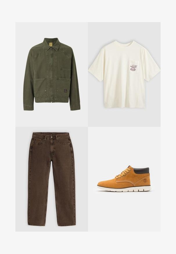 Maslinasto zelena jakna s patentnim zatvaračem na prednjem dijelu, šiljastim ovratnikom i dva prednja džepa. Izrađena od čvrstog materijala s vidljivim detaljima šivanja.; Pametna pamučna majica krem boje s kratkim rukavima, s lijevim džepom na prsima i tamnocrvenim grafičkim natpisom i dizajnom. Opusteni kroj i okrugli izrez.; Smeđi traper hlače ravnog kroja, s pet džepova, prednjim zatvaranjem na dugme i minimalnim detaljima šivanja. Mekana tekstura s mat završetkom.; Smeđi antilop čizmi do gležnja s podstavljenim okovratnikom, s zlatnim rupicama i vezicama, kontrastnim šavovima i bijelom gumenom potplatom.