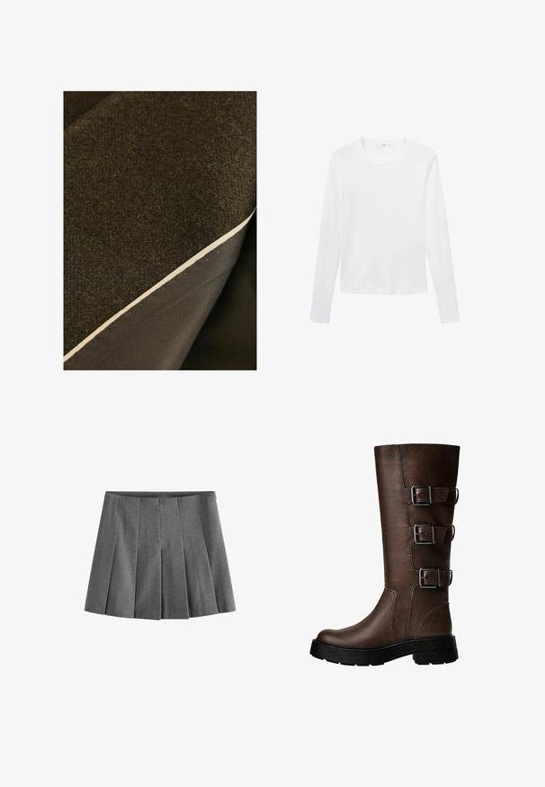 Twee lagen stof: een gestructureerde donkergroene wol bovenop en een gladde donkere stof eronder, met een zichtbare crèmekleurige rand.; Witte longsleeve t-shirt van lichtgewicht stof, met een ronde halslijn en een rechte snit, zonder zichtbare patronen of accenten.; Grijze geplooide rok gemaakt van een zachte stof, met een tailleband en gelijkmatige plooien voor een gestructureerde uitstraling.; Bruine leren kniehoge laars met drie metalen gespen, textuur op de oppervlakte, ronde neus en stevige zool voor stabiliteit.