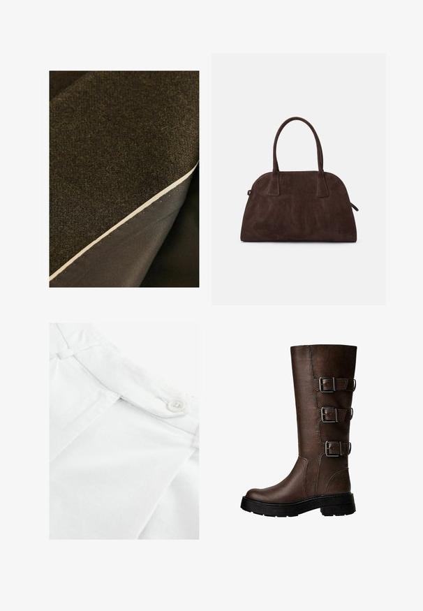 Două straturi de țesătură: o lâna texturată de culoare brună închisă deasupra și un material întunecat neted dedesubt, având o margine vizibilă de culoare crem.; Tricou alb cu mânecă lungă dintr-un material ușor, cu guler rotund și croială dreaptă, fără modele sau accente vizibile.; Tânsa de bumbac alb cu un front plat, având un nasture și un detaliu cu un pliț mic la talie. Textură netedă, design clasic.; Botă maro din piele până la genunchi, cu trei catarame metalice, suprafață texturată, vârf rotunjit și talpă groasă pentru stabilitate.; Geantă din suede maro, cu formă rotunjită, mânere duble și detalii de cusătură subtile. Dispune de o buzunar lateral cu fermoar pentru funcționalitate suplimentară.