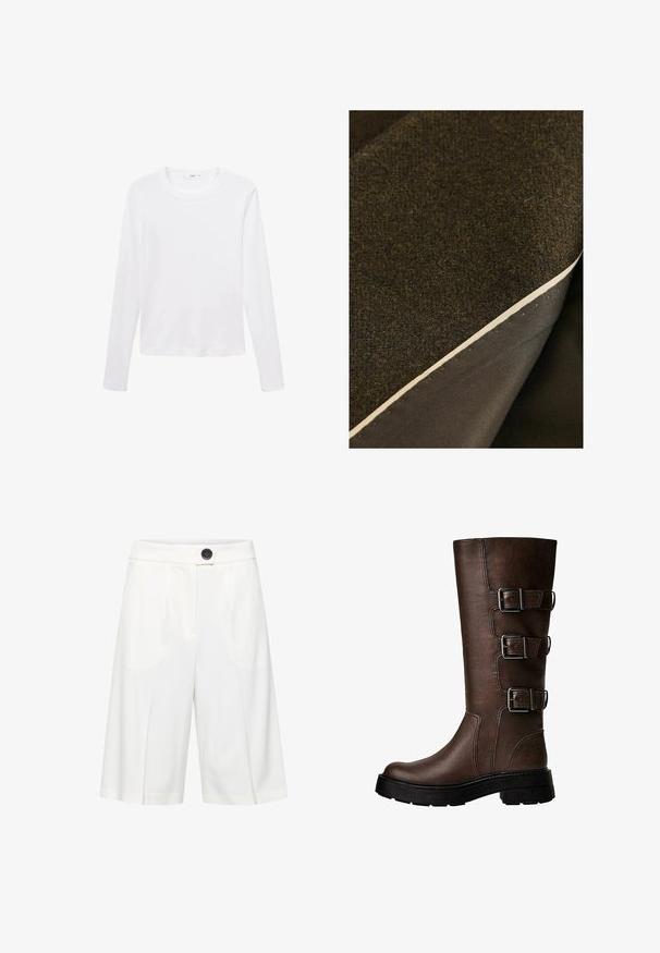 Twee lagen stof: een gestructureerde donkergroene wol bovenop en een gladde donkere stof eronder, met een zichtbare crèmekleurige rand.; Witte longsleeve t-shirt van lichtgewicht stof, met een ronde halslijn en een rechte snit, zonder zichtbare patronen of accenten.; b.young BYRIZETTA - Shorts - off white; Bruine leren kniehoge laars met drie metalen gespen, textuur op de oppervlakte, ronde neus en stevige zool voor stabiliteit.
