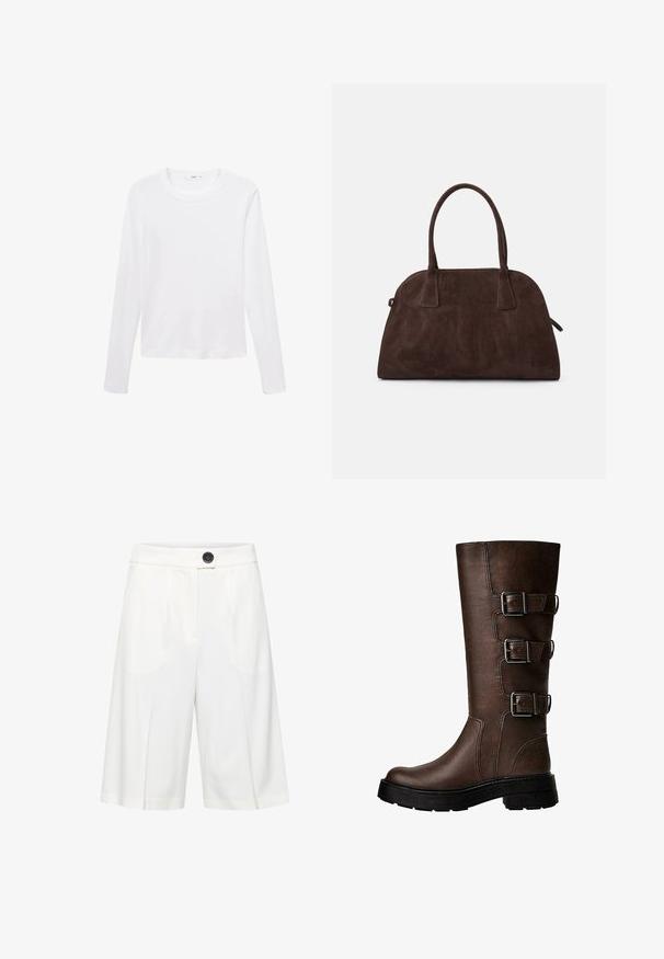 Dva vrstvy látky: na vrchu textúrovaná tmavohnedá vlna a pod ňou hladký tmavý materiál so viditeľným krémovým okrajom.; Biela dlhá rukávová tričko vyrobené z ľahkého materiálu, má okrúhly výstrih a rovný strih, bez viditeľných vzorov alebo akcentov.; b.young BYRIZETTA - Šortky - off white; Hnedé kožené čižmy po kolená s tromi kovovými prackami, textúrovaný povrch, okrúhla špička a hrubá podrážka pre stabilitu.; Hnedá semišová kabelka s zaobleným tvarom, dvojitými uchami a jemnými švami. Obsahuje zipsovú bočnú kapsu pre väčšiu funkčnosť.