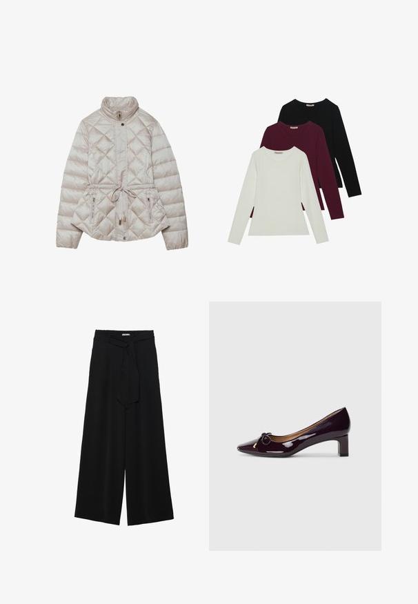 Zateplená béžová bunda so zipsom vpredu, diamantovým prešívaním, vysokým golierom, nastaviteľným opaskom v páse a bočnými zipsovými vreckami pre praktickosť.; Dlhé rukávy tričká v bielej, burgundskej a čiernej farbe. Vyrobené z jemného materiálu s okrúhlym výstrihom a priliehavým strihom. Vhodné na vrstvenie.; Čierne široké nohavice s textúrovanou tkaninou, elastickým pásom a odnímateľným viazaním na páse pre nastaviteľné priliehanie.; Lesklé vínové lakované topánky s pumpovou pätou a špicatou špičkou, zdobené mašľou a blokovou pätou.