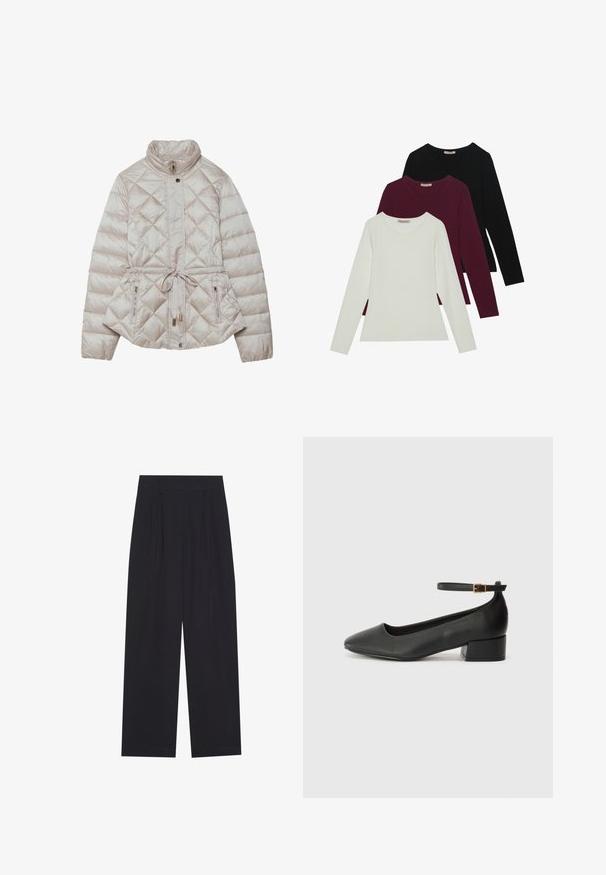 Padded bež jakna z zadrgo na sprednji strani, diamantnim prešitim vzorcem, visokim ovratnikom, nastavljivim pasom in stranskimi žepi z zadrgo za večjo funkcionalnost.; Majice z dolgimi rokavi v beli, burgundski in črni barvi. Narejene so iz mehke tkanine, imajo okroglo izrez in prilegajoč kroj. Primerne so za plastenje.; Črne široke hlače iz gladkega materiala, z naborki, ravnim pasom in brez vidnih žepov ali okrasitev.; Črne usnjene pumpice z nazobčanimi prsti in nizko blokasto peto. Imajo trak okoli gležnja z zaponko v zlatem tonu. Gladka tekstura.