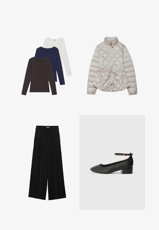 Padded bež jakna s patentnim zatvaračem sprijeda, dijamantnim prešivanjem, visokim ovratnikom, podesivim pojasom u struku i bočnim zatvaračima za praktičnost.; Set od tri majice dugih rukava u smešnoj, mornarskoj i beloj boji, sa V izrezima i izrađene od mekanog pamučnog materijala.; Crne široke hlače od teksturirane tkanine, s elastičnom pojasom i odvojivim remenom na struku za prilagodivo pristajanje.; Crne kožne pumpe s oštrim vrhom i niskom blok petom. Sadrže remen oko gležnja s zlatnim kopčanjem. Glatka tekstura.