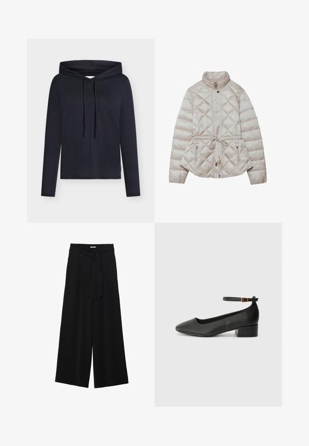 Casaco beje acolchoado com fecho éclair à frente, acolchoado em diamante, gola alta, cinto ajustável na cintura e bolsos laterais com fecho para funcionalidade.; Sweatshirt com capuz azul-marinho em tecido macio, com corte descontraído, mangas compridas, capuz com cordão e punhos canelados. Design minimalista e sem padrões.; Calças largas pretas com um tecido texturizado, uma cintura elástica e um laço destacável na cintura para um ajuste ajustável.; Sandal de pele preta com bico pontiagudo e um salto bloco baixo. Apresenta uma tira no tornozelo com uma fivela em tom dourado. Textura suave.