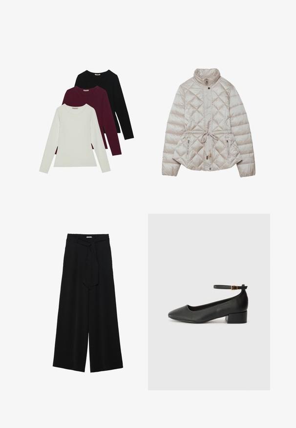 Casaco beje acolchoado com fecho éclair à frente, acolchoado em diamante, gola alta, cinto ajustável na cintura e bolsos laterais com fecho para funcionalidade.; T-shirts de manga longa nas cores branca, burgundy e preta. Feitos de um tecido suave com decote redondo e design ajustado. Adequados para sobreposições.; Calças largas pretas com um tecido texturizado, uma cintura elástica e um laço destacável na cintura para um ajuste ajustável.; Sandal de pele preta com bico pontiagudo e um salto bloco baixo. Apresenta uma tira no tornozelo com uma fivela em tom dourado. Textura suave.