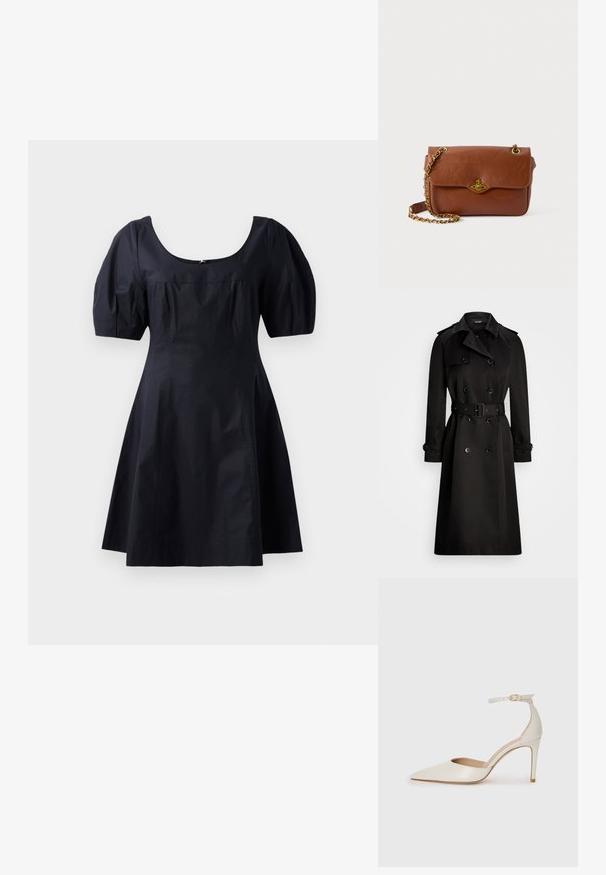 Juodas trenčkotis, pagamintas iš lygios medžiagos, su dvigubu užsegimu, dirželio liemeniu, petų epauletais ir sagtinėmis rankovėmis.; Juodas medvilnės suknelė su pūstomis rankovėmis, apvalia iškirpte ir prigludusia liemene, pereinančia į A-formos sijoną. Vienos spalvos, glotni tekstūra.; Balti odiniai aukštakulniai batai su smailiu priekiniu galu, kulkšnies dirželiu ir siauru stiletu. Lygi tekstūra su subtiliu blizgiu paviršiumi.; Ruda odinė per petį nešama kuprinė su užsegimu ant sklendės, auksinės spalvos aksesuarais ir grandinėlės dirželiu. Lygus paviršius, stačiakampio forma, minimalus apipavidalinimas.