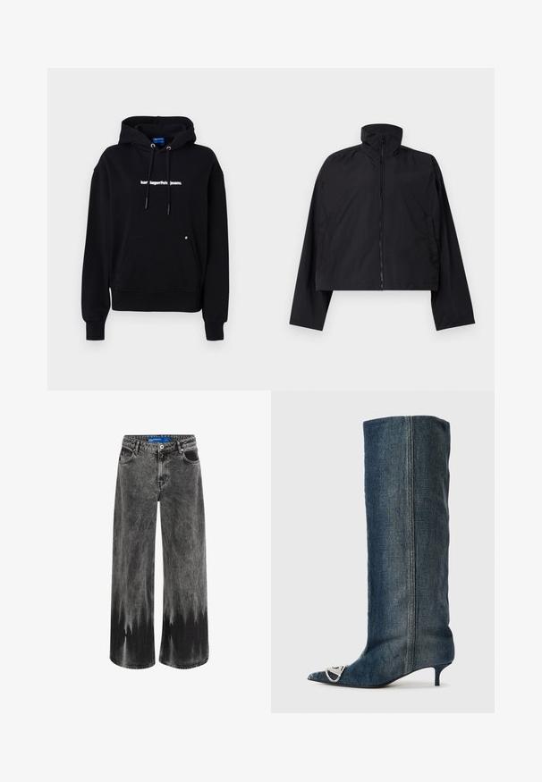 Melna īsā jaka ar augstu apkakli, pilnu priekšējo rāvējslēdzēju un garām piedurknēm, izveidota ar sānu kabatām. Made from lightweight, smooth fabric.; Melnā kapuce izgatavota no kokvilnas. Piedāvā priekšējo kangaroo kabatu, aukliņas un baltu tekstu ar logotipu uz krūtīm. Mīksta tekstūra un brīva piegriezne.; Platas kājas džinsi izfaded melnas džinsa auduma, ar krāsu pārmaiņu efektu, tērauda aksesuāriem un klasisku piecu kabatu dizainu ar standarta jostasvietu.; Džinsa ceļgalu augstuma zābaks ar smailu purngalu, sudraba metāla akcentiem, šauru maza papēža formu un gludu, teksturētu apdari.