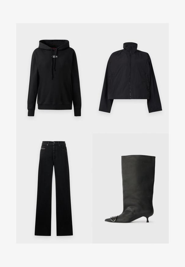 Giacca nera cropped con colletto alto, chiusura frontale con zip completa e maniche lunghe con tasche laterali. Realizzata in tessuto leggero e morbido.; Hoodie nera realizzata in tessuto morbido. Presenta una tasca frontale a marsupio, cappuccio regolabile con cordino e un logo argentato sul petto.; Jeans neri a gamba larga in denim, con chiusura frontale a bottoni, cinque tasche e una piccola toppa con logo sulla cintura.; Stivaletto in pelle nera con punta affilata, tacco basso e dettaglio metallico sulla punta. Texture liscia e opaca in tutta la superficie.