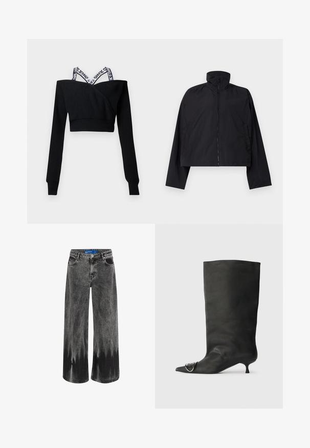 Svart kortärmad jacka med hög krage, hel dragkedja fram och långa ärmar med sidofickor. Tillverkad av lätt, mjukt tyg.; Svart kortstickad tröja med långa ärmar och vita korslagda axelband med varumärke.; Breda jeans i blekt svart denim, med en dip-dye-effekt, stålbeslag och en klassisk femfickorsdesign med standardmidja.; Svart läder ankelstövel med spetsig tå, liten klack och metallisk accentdetalj på tån. Slät, matt yta över hela skon.