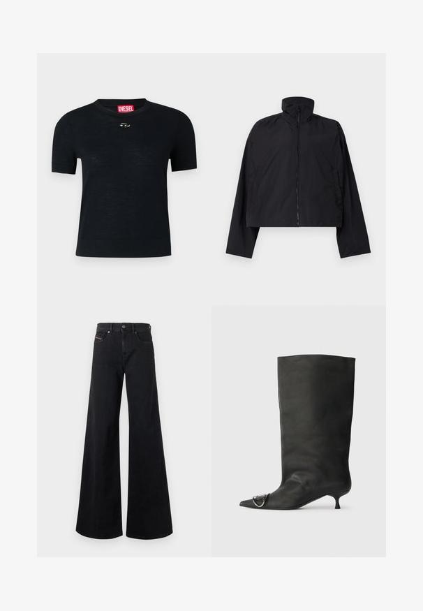 Juodas trumpas švarkas su aukštu apykakle, pilnu priekiu užtrauktuku ir ilgomis rankovėmis, turintis šonines kišenes. Pagamintas iš lengvos, lygios medžiagos.; Juodas trumpomis rankovėmis marškinėliai su apvalia iškirpte, pagaminti iš minkštos medžiagos, su apvaliu sidabro akcentu prie apykaklės ir raudona etikete.; Juodos plačios kelnės iš džinsinio audinio, aukštu liemeniu, užsegamos mygtuku, su priekinėmis kišenėmis ir minimaliais siuvimo detalėmis.; Juodas odinis kulkšninis batas su smailiu pirštu, maža pakulne ir metaline akcentu ant piršto. Lygus, matinio paviršiaus tekstūra visame batus.