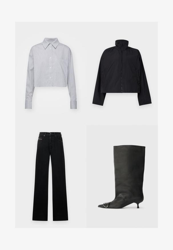 Black cropped jacket featuring a high collar, full front zipper, and long sleeves with side pockets. Made from lightweight, smooth fabric.; Cropped button-up shirt in blue and white stripes, featuring a classic collar, long sleeves, and single chest pocket. Smooth fabric texture.; Black wide-leg jeans made of denim, featuring a front button closure, five pockets, and a small logo patch on the waistband.; Black leather ankle boot with a pointed toe, small heel, and metallic accent detail on the toe. Smooth, matte texture throughout.