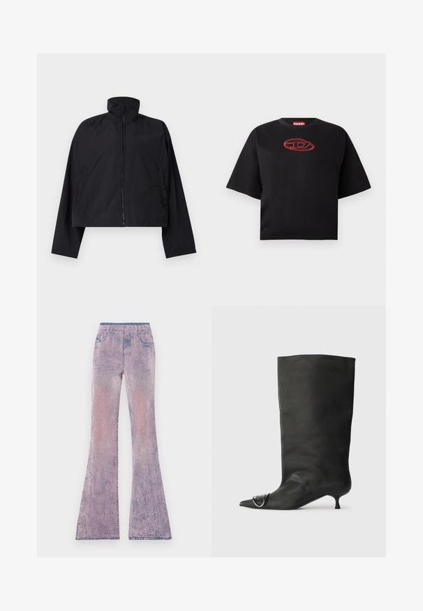 Fekete, rövidített dzseki magas gallérral, teljes hosszúságú cipzárral és hosszú ujjakkal, oldalsó zsebekkel. Könnyű, sima anyagból készült.; Fekete, rövid ujjú, cropped póló, piros hímzett ovális logóval a mellkas közepén.; Pasztell rózsaszín és lila színátmenetes, bokáig érő farmernadrág, elhalványult textúrával. Rugalmas derékpánttal és öt zsebes dizájnnal rendelkezik.; Fekete bőr bokacsizma hegyes orral, kis sarokkal és fémes díszítéssel az orrán. Az egész felületen sima, matt textúra.