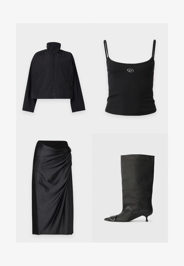 Fekete, rövidített dzseki magas gallérral, teljes hosszúságú cipzárral és hosszú ujjakkal, oldalsó zsebekkel. Könnyű, sima anyagból készült.; Fekete bordázott trikó felső vékony pántokkal és egy kis fémes logóval a közepén. Az anyag rugalmasnak és testhez simulónak tűnik.; Fekete selyemszatén szoknya, amely redőzött kialakítású, rugalmas derékkal és díszes kiegészítővel rendelkezik. Sima textúra, finom fénylással.; Fekete bőr bokacsizma hegyes orral, kis sarokkal és fémes díszítéssel az orrán. Az egész felületen sima, matt textúra.