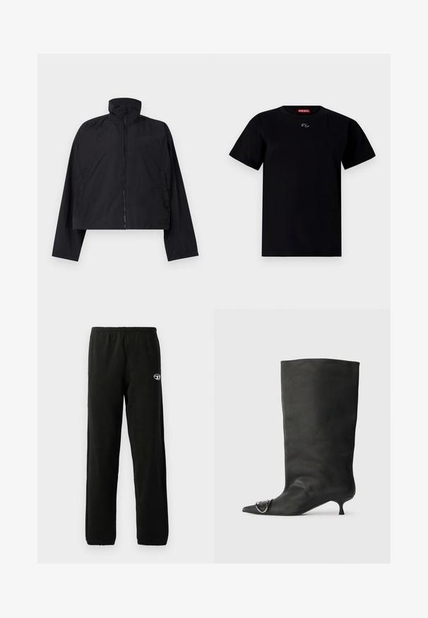 Čierna skrátená bunda s vysokým golierom, plným zipsom na prednej strane a dlhými rukávmi s bočnými vreckami. Vyrobená z ľahkej, hladkej tkaniny.; Čierne bavlnené tričko s okrúhlym výstrihom, krátkymi rukávmi a malým emblémom v strede hrude. Mäkká textúra a štandardný strih.; Čierne tepláky s elastickým pásom a manžetami. Obsahujú malé logo na stehne. Vyrobené z mäkkej, hladkej látky.; Čierna kožená členková topánka s špicatou špičkou, malým podpätkom a kovovým akcentom na špičke. Hladká, matná textúra po celom povrchu.