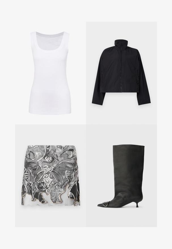 Giacca nera cropped con colletto alto, chiusura frontale con zip completa e maniche lunghe con tasche laterali. Realizzata in tessuto leggero e morbido.; Canottiera bianca senza maniche realizzata in tessuto liscio, caratterizzata da un collo rotondo e una silhouette aderente. Senza motivi o dettagli visibili.; Mini gonna a pattern bianco e nero con design astratti, orlo scallop e una texture di tessuto liscia con una leggera lucentezza.; Stivaletto in pelle nera con punta affilata, tacco basso e dettaglio metallico sulla punta. Texture liscia e opaca in tutta la superficie.