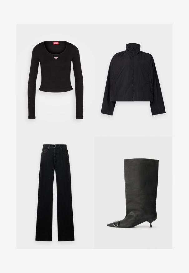 Black cropped jacket featuring a high collar, full front zipper, and long sleeves with side pockets. Made from lightweight, smooth fabric.; Black long-sleeve crop top made from ribbed fabric. Features a scoop neckline and a small red and white logo patch on the chest.; Black wide-leg jeans made of denim, featuring a front button closure, five pockets, and a small logo patch on the waistband.; Black leather ankle boot with a pointed toe, small heel, and metallic accent detail on the toe. Smooth, matte texture throughout.