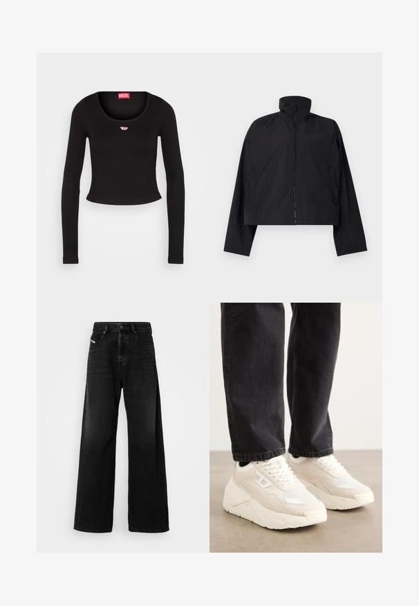 Black cropped jacket featuring a high collar, full front zipper, and long sleeves with side pockets. Made from lightweight, smooth fabric.; Black long-sleeve crop top made from ribbed fabric. Features a scoop neckline and a small red and white logo patch on the chest.; Wide-leg black denim jeans with a high waist, featuring a button closure, front pockets, and a faded texture.; Beige sneakers with a textured fabric upper and white rubber sole. Features a minimalistic design and subtle logo detail on the side.