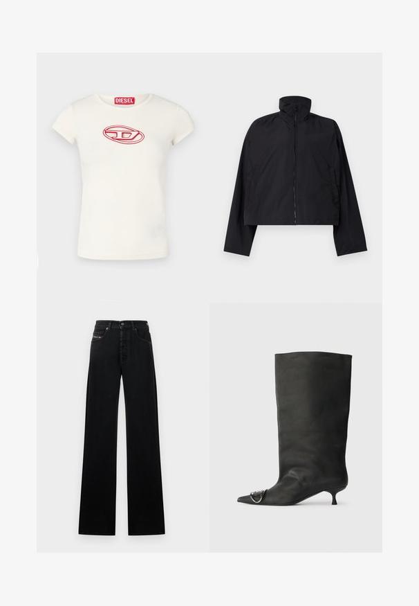 Jachetă scurtă neagră cu guler înalt, fermoar pe întreaga lungime a frontului și mâneci lungi cu buzunare laterale. Fabricată dintr-un material ușor și fin.; Tricou scurt cu mânecă, de culoare crem, confecționat din bumbac. Dispune de un logo brodat roșu, de formă ovală, pe față. Design cu guler rotund.; Blugi negri cu picioare largi, din denim, cu închidere frontală cu nasturi, cinci buzunare și o mică etichetă cu logo pe talie.; Botină neagră din piele cu vârf ascuțit, toc mic și detaliu metalic pe vârf. Textură netedă, mată pe întreaga suprafață.