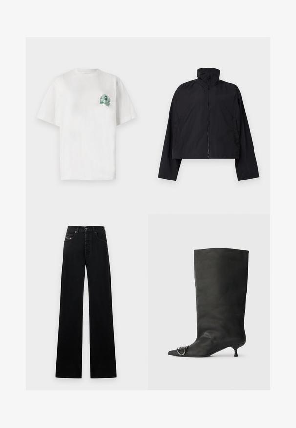 Zwarte cropped jas met hoge kraag, volledige rits aan de voorkant en lange mouwen met zijzakken. Gemaakt van lichtgewicht, soepel materiaal.; Witte katoenen t-shirt met korte mouwen en een ronde hals. Het heeft een groene grafische print op de linkerkant van de borst.; Zwarte wijde spijkerbroek gemaakt van denim, met een sluiting met knopen aan de voorkant, vijf zakken en een klein logoplaatje op de tailleband.; Zwarte leren enkelboot met een spitse neus, een kleine hak en metalen accentdetails op de neus. Gladde, matte textuur overal.