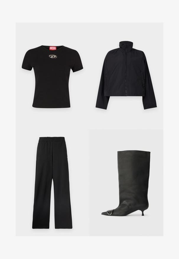 Must musta jakk, millel on kõrge krae, täiskäpp, pikad varrukad ja küljetaskud. Valmistatud kergest, siledast kangast.; Must musta t-särk lühikeste varrukatega, mis on valmistatud puuvillast, ümmarguse kaelusega ning esiküljel metallik ovaalne logo aksessuaar.; Mustad laia lõikega püksid elastse vöökohaga, valmistatud siledast materjalist. Ei sisalda taskuid ega eristuvaid mustreid.; Must musta põlve kõrgune saapakäik terava nina, väike konts ja metallist aktsentdetail nina peal. Ühtlane, matt tekstuur kogu ulatuses.