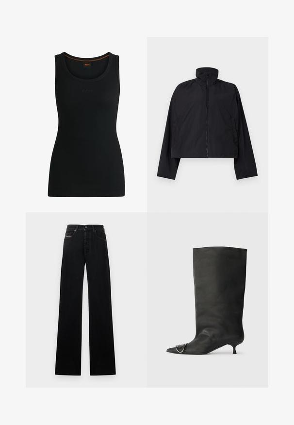 Zwarte cropped jas met hoge kraag, volledige rits aan de voorkant en lange mouwen met zijzakken. Gemaakt van lichtgewicht, soepel materiaal.; Zwart geribd tanktop met een ronde halslijn en reliëf "BOSS" logo. Kenmerkt zich door contrasterende oranje stiksels bij de hals. Zachte stoftextuur.; Zwarte wijde spijkerbroek gemaakt van denim, met een sluiting met knopen aan de voorkant, vijf zakken en een klein logoplaatje op de tailleband.; Zwarte leren enkelboot met een spitse neus, een kleine hak en metalen accentdetails op de neus. Gladde, matte textuur overal.
