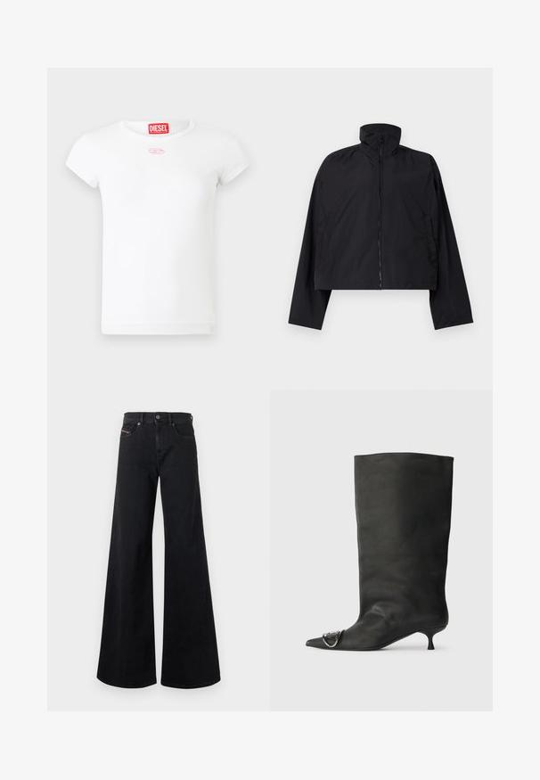 Black cropped jacket featuring a high collar, full front zipper, and long sleeves with side pockets. Made from lightweight, smooth fabric.; White short-sleeve Diesel women's t-shirt with red logo tag inside collar and small pink embroidered emblem below neckline.; Black wide-leg jeans made from denim, featuring a high waist, button closure, front pockets, and minimal stitching details.; Black leather ankle boot with a pointed toe, small heel, and metallic accent detail on the toe. Smooth, matte texture throughout.