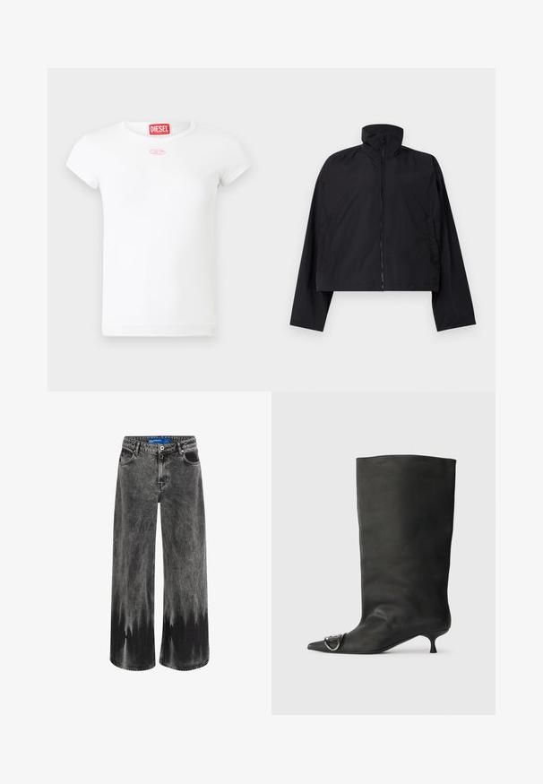 Zwarte cropped jas met hoge kraag, volledige rits aan de voorkant en lange mouwen met zijzakken. Gemaakt van lichtgewicht, soepel materiaal.; Witte korte mouwen Diesel dames t-shirt met rode label aan de binnenkant van de kraag en een klein roze geborduurd embleem onder de halslijn.; Wijde jeans in vervaagd zwarte denim, met een dip-dye effect, stalen hardware en een klassiek vijf-pocket ontwerp met een standaard tailleband.; Zwarte leren enkelboot met een spitse neus, een kleine hak en metalen accentdetails op de neus. Gladde, matte textuur overal.