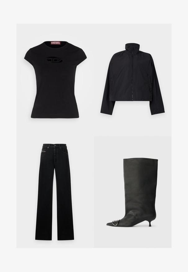 Black cropped jacket featuring a high collar, full front zipper, and long sleeves with side pockets. Made from lightweight, smooth fabric.; Black short-sleeve t-shirt with a fitted design, featuring a textured Diesel logo in an oval shape on the front.; Black wide-leg jeans made of denim, featuring a front button closure, five pockets, and a small logo patch on the waistband.; Black leather ankle boot with a pointed toe, small heel, and metallic accent detail on the toe. Smooth, matte texture throughout.