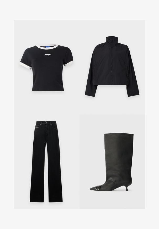 Juodas trumpas švarkas su aukštu apykakle, pilnu priekiu užtrauktuku ir ilgomis rankovėmis, turintis šonines kišenes. Pagamintas iš lengvos, lygios medžiagos.; Juoda trumpa rankovė t-shirt su baltais apykaklės ir rankovių akcentais. Yra juodas logotipas ant krūtinės. Pagaminta iš glotnaus audinio.; Įvairaus pločio juodi džinsai iš džinso audinio, su priekiniais mygtukais, penkiomis kišenėmis ir mažu logotipo lopeliu ant liemens.; Juodas odinis kulkšninis batas su smailiu pirštu, maža pakulne ir metaline akcentu ant piršto. Lygus, matinio paviršiaus tekstūra visame batus.