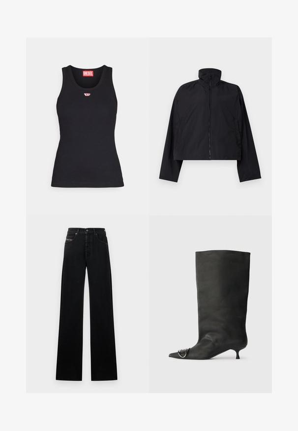 Black cropped jacket featuring a high collar, full front zipper, and long sleeves with side pockets. Made from lightweight, smooth fabric.; Black tank top made of cotton with a rounded neckline, featuring a small red logo on the chest and a fitted design.; Black wide-leg jeans made of denim, featuring a front button closure, five pockets, and a small logo patch on the waistband.; Black leather ankle boot with a pointed toe, small heel, and metallic accent detail on the toe. Smooth, matte texture throughout.