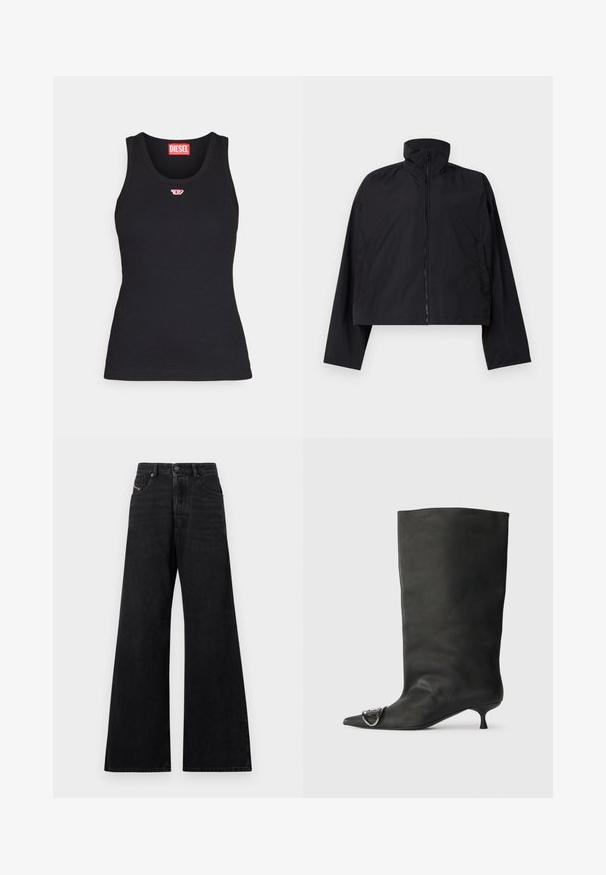 Black cropped jacket featuring a high collar, full front zipper, and long sleeves with side pockets. Made from lightweight, smooth fabric.; Black tank top made of cotton with a rounded neckline, featuring a small red logo on the chest and a fitted design.; Black wide-leg jeans, crafted from denim, featuring a high waist, five-pocket design, and subtle stitching detail on the front.; Black leather ankle boot with a pointed toe, small heel, and metallic accent detail on the toe. Smooth, matte texture throughout.