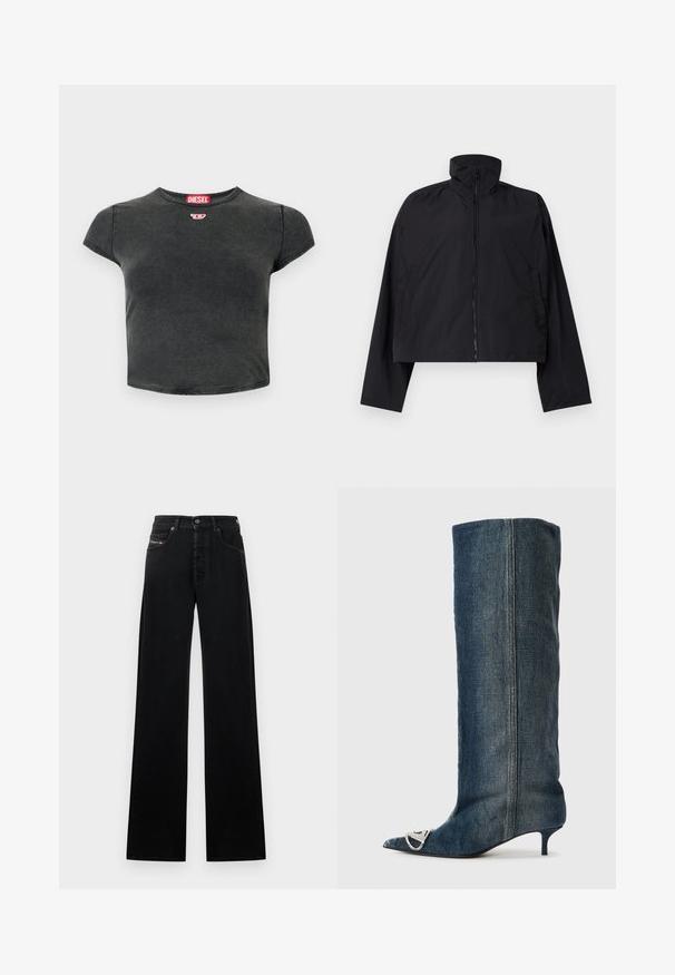 Black cropped jacket featuring a high collar, full front zipper, and long sleeves with side pockets. Made from lightweight, smooth fabric.; Black, cropped t-shirt made of cotton with a round neckline and short sleeves. Features a small red logo and a faded texture.; Black wide-leg jeans made of denim, featuring a front button closure, five pockets, and a small logo patch on the waistband.; Denim knee-high boot with a pointed toe, silver hardware accent, slim kitten heel, and a smooth, textured finish.