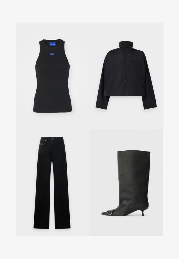 Melna īsā jaka ar augstu apkakli, pilnu priekšējo rāvējslēdzēju un garām piedurknēm, izveidota ar sānu kabatām. Made from lightweight, smooth fabric.; Melna ribota topa blūze, kas izgatavota no kokvilnas. Iezīmēta ar apaļu kakla izgriezumu un zilu logotipa plāksteri uz krūts. Taisna apakšdaļa.; Melni plataji džinsa bikses ar priekšpuses pogu aizdari, piecām kabatām un nelielu logotipa plāksteri jostasvietā.; Melnas ādas potīšu zābaki ar smailu purngalu, mazu papēdi un metāla akcentu uz purngala. Gluda, matēta virsma visā zābaku garumā.