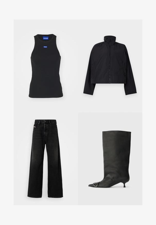 Giacca nera cropped con colletto alto, chiusura frontale con zip completa e maniche lunghe con tasche laterali. Realizzata in tessuto leggero e morbido.; Top in cotone a costine nere. Presenta un collo tondo e un patch blu con logo sul petto. Orlo dritto nella parte inferiore.; Jeans in denim nero a gamba larga con vita alta, dotati di chiusura con bottone, tasche frontali e una texture sbiadita.; Stivaletto in pelle nera con punta affilata, tacco basso e dettaglio metallico sulla punta. Texture liscia e opaca in tutta la superficie.
