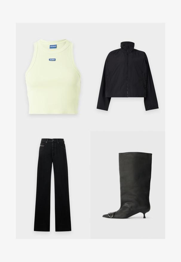 Fekete, rövidített dzseki magas gallérral, teljes hosszúságú cipzárral és hosszú ujjakkal, oldalsó zsebekkel. Könnyű, sima anyagból készült.; Lime zöld, bordázott crop top, kerek nyakkivágással és ujjatlan kialakítással. Középen kék "HUGO" felirattal a mellkason.; Fekete, széles szárú farmernadrág, gombos elülső záródással, öt zsebbel és egy kis logófolttal a derékrészen.; Fekete bőr bokacsizma hegyes orral, kis sarokkal és fémes díszítéssel az orrán. Az egész felületen sima, matt textúra.