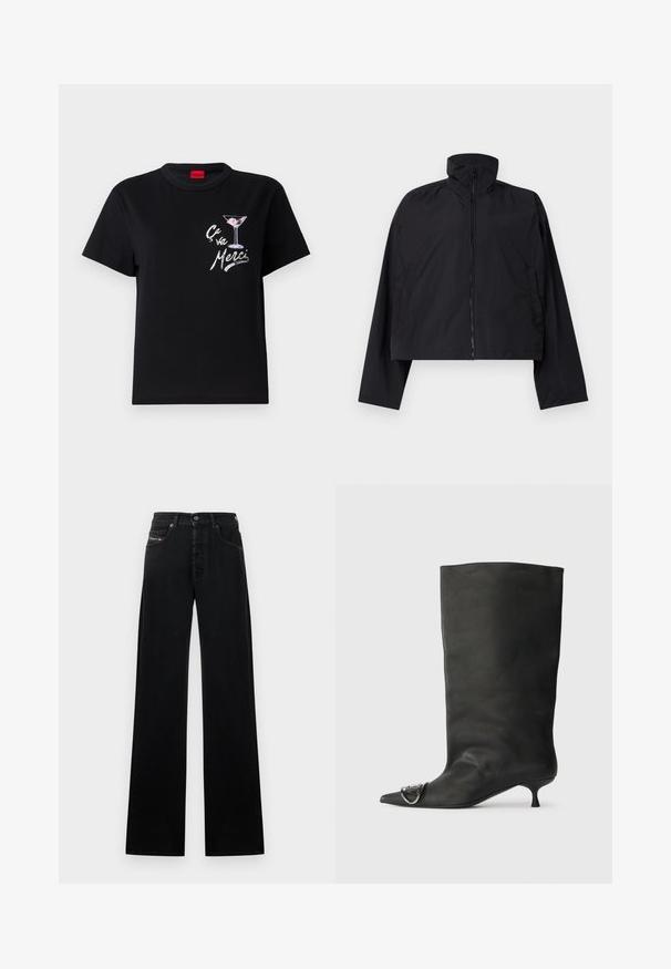 Čierna skrátená bunda s vysokým golierom, plným zipsom na prednej strane a dlhými rukávmi s bočnými vreckami. Vyrobená z ľahkej, hladkej tkaniny.; Čierne bavlnené tričko s krátkymi rukávmi, s bielou a ružovou grafikou martini pohára a textom "Ça va Merci" v hravom písme.; Čierne džíny s širokými nohavicami z denimu, s predným zapínaním na gombíky, piatimi vreckami a malou logo nášivkou na páse.; Čierna kožená členková topánka s špicatou špičkou, malým podpätkom a kovovým akcentom na špičke. Hladká, matná textúra po celom povrchu.