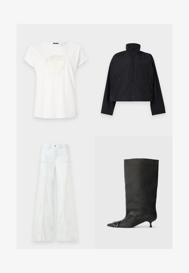 Black cropped jacket featuring a high collar, full front zipper, and long sleeves with side pockets. Made from lightweight, smooth fabric.; White cotton t-shirt with short sleeves, round neckline, and a textured gold logo design on the front. Smooth, casual fit.; Light blue wide-leg denim pants with front patch pockets and belt loops, displayed against a plain background.; Black leather ankle boot with a pointed toe, small heel, and metallic accent detail on the toe. Smooth, matte texture throughout.