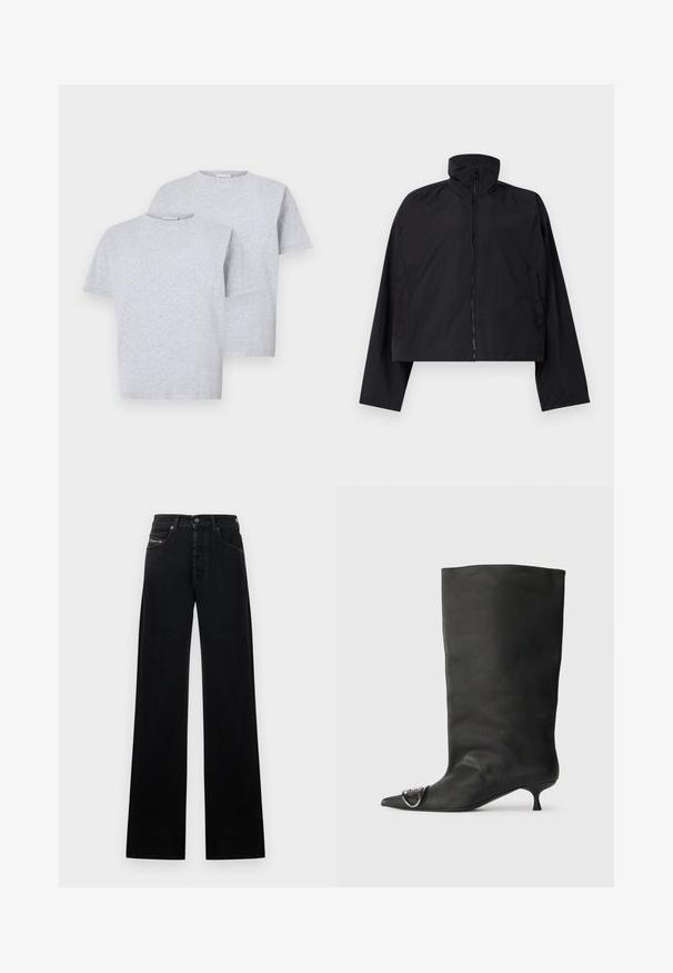 Black cropped jacket featuring a high collar, full front zipper, and long sleeves with side pockets. Made from lightweight, smooth fabric.; Two short-sleeve t-shirts in light gray, made of soft fabric, featuring a round neckline and a relaxed fit. Each shirt has minimal detailing.; Black wide-leg jeans made of denim, featuring a front button closure, five pockets, and a small logo patch on the waistband.; Black leather ankle boot with a pointed toe, small heel, and metallic accent detail on the toe. Smooth, matte texture throughout.