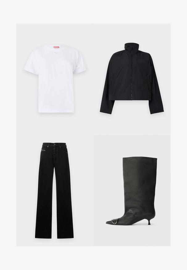 Giacca nera cropped con colletto alto, chiusura frontale con zip completa e maniche lunghe con tasche laterali. Realizzata in tessuto leggero e morbido.; T-shirt bianco in cotone con maniche corte, collo a giro, e un piccolo logo sul petto. Design semplice, texture liscia e orlo dritto.; Jeans neri a gamba larga in denim, con chiusura frontale a bottoni, cinque tasche e una piccola toppa con logo sulla cintura.; Stivaletto in pelle nera con punta affilata, tacco basso e dettaglio metallico sulla punta. Texture liscia e opaca in tutta la superficie.