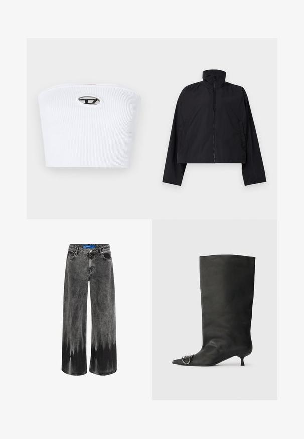 Melna īsā jaka ar augstu apkakli, pilnu priekšējo rāvējslēdzēju un garām piedurknēm, izveidota ar sānu kabatām. Made from lightweight, smooth fabric.; Balta ribota bandeau blūze ar emblēmu centrā, kurai ir melna kontūra un sudraba akcenti. Gluda faktūra, minimālistisks dizains.; Platas kājas džinsi izfaded melnas džinsa auduma, ar krāsu pārmaiņu efektu, tērauda aksesuāriem un klasisku piecu kabatu dizainu ar standarta jostasvietu.; Melnas ādas potīšu zābaki ar smailu purngalu, mazu papēdi un metāla akcentu uz purngala. Gluda, matēta virsma visā zābaku garumā.