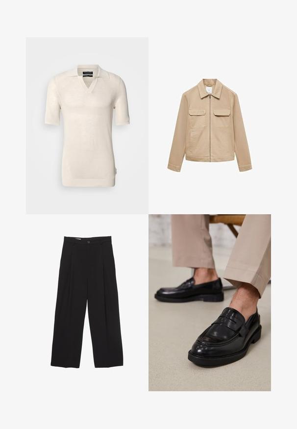 Beige Jacke aus Baumwolle mit Reißverschluss, klassischem Kragen und zwei Brusttaschen. Hat einen geraden Schnitt und ein minimalistisches Design.; Hellbeige Kurzarmpullover mit V-Ausschnitt und flachem Kragen. Hergestellt aus strukturiertem Strickstoff, mit einem dezenten Muster und einem Seitenetikett.; Schwarze weit geschnittene Hose aus glattem Stoff, mit flachem Taillenbund, vorderen Falten und einer einzigen Knopfverschlus.; Schwarze Lederloafers mit glatter Oberfläche, ausgestattet mit einem dekorativen Riemen und Kontrastnähten, kombiniert mit beigen Hosen.