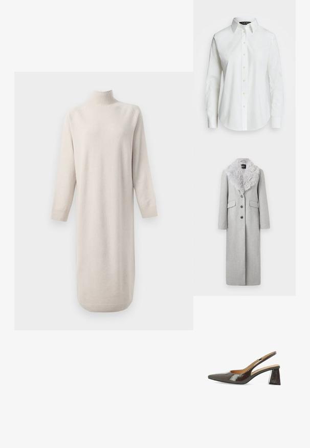 Langer grauer Wollmantel mit einem Kragen aus Kunstfell, vier Knöpfen und zwei Seitentaschen. Der Stoff hat eine glatte Textur.; Cremefarbenes langes Strickkleid mit geripptem Stehkragen, langen Ärmeln sowie gerippten Bündchen und Saum vor weißem Hintergrund.; Weißes langärmliges Hemd aus Baumwolle mit Knopfleiste. Verfügt über einen klassischen Kragen, sieben Knöpfe und ein dezentes, auf die Brust gesticktes Logo.; Slingback-Pumps aus glänzendem, dunklem braunem Lackleder, mit spitzem Schuhkopf, ausgeschnittenen Seiten und einem quadratischen Blockabsatz.; Schwarze Lederhandtasche mit geschwungenem Design, Beschlägen in Goldfarbe und einem oberen Griff. Verfügt über einen eleganten Verschluss und eine glatte Textur.