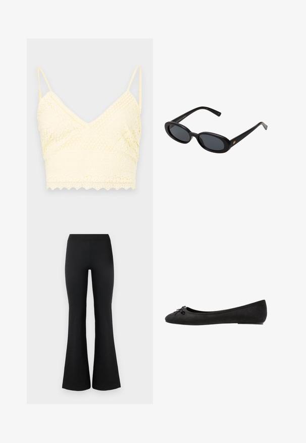 Pitkä harmaa villakangastakki, jossa on tekoturkiskuori, neljä nappia ja kaksi sivutaskua. Kangas on sileä. ; Keltainen pitsinen bralette, jossa on V-muotoinen muotoilu, säädettävät hihnat, teksturoitu kuviointi ja aaltoileva helma.; Housut, joissa on leveä lahje, valmistettu sileästä ja joustavasta kankaasta. Yksinkertainen malli. Korkea vyötärö ja levenevät helmat antavat siistin ilmeen.; Mustat nahan ballet-kengät, joissa on pyöreä varvas, etuosassa koristeellinen sulka ja litteä pohja. Silkkinen pinta ja klassinen muoto.; Mustat ylisuuruiset aurinkolasit, jotka ovat soikeat linssit, sileä muovikehys ja kultaiset korostukset temppeleissä. Tummat linssit tarjoavat suojaa auringolta.; Mustan lakatun nahka olkalaukku kaarevalla muodolla, jossa on hopeinen kolmion logo ja vetoketjusuljenta. Tasainen pinta ja kapea hihna.