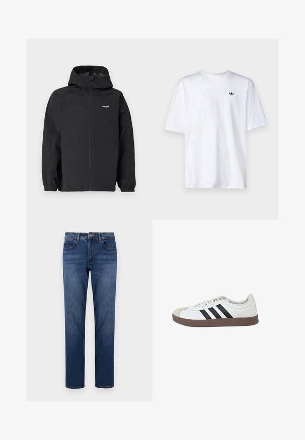 Chaqueta negra impermeable con capucha, cierre de cremallera, puños elásticos y diseño aerodinámico; presenta un logo sutil en el lado izquierdo del pecho.; Camiseta blanca de algodón con cuello redondo y mangas cortas, que presenta un pequeño logo negro de Adidas en el pecho.; Jeans de mezclilla de color azul oscuro con corte recto, cinco bolsillos y costuras en contraste. Terminados con cierre de botón y cremallera.; Zapatilla blanca con puntera de ante gris, diseño de tres franjas negras y suela de goma marrón. Presenta un cierre con cordones y un collarín acolchado.