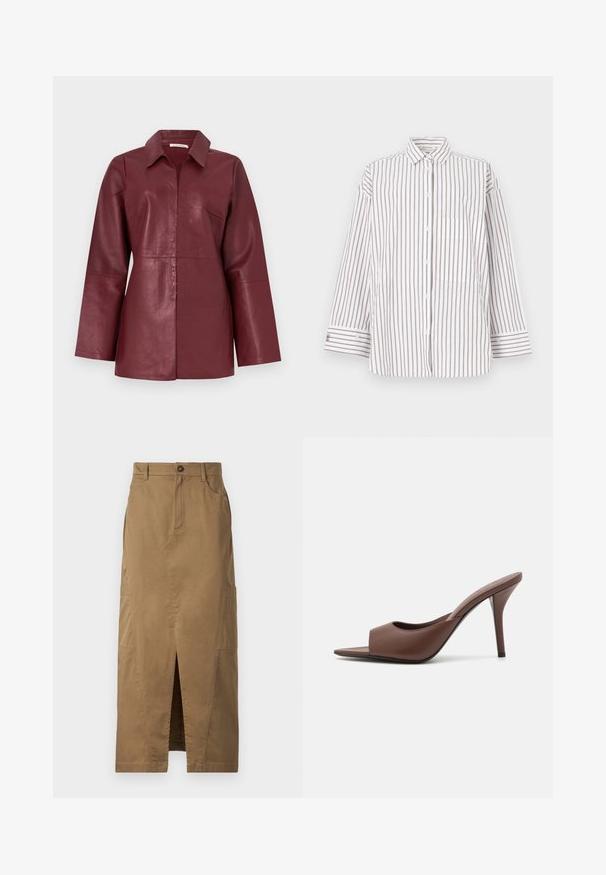 Bordo kožna jakna dugih rukava s ovratnikom i prednjim patentnim zatvaračem, krojena i glatke teksture.; Prugasta košulja od laganog tkanja, s okomitim smeđim i bijelim prugama, ovratnikom i džepom sprijeda. Duge rukave s kopčama na gumbe.; Kaki maxi suknja izrađena od mješavine pamuka, s prednjim prorezom, bočnim džepovima i dugmetom za zatvaranje u struku. Glatka tekstura.; Smeđe kožne mule s visokom potpeticom i otvorenim prstima, s elegantnim dizajnom, širokim prednjim remenom i vitkom stiletto potpeticom.