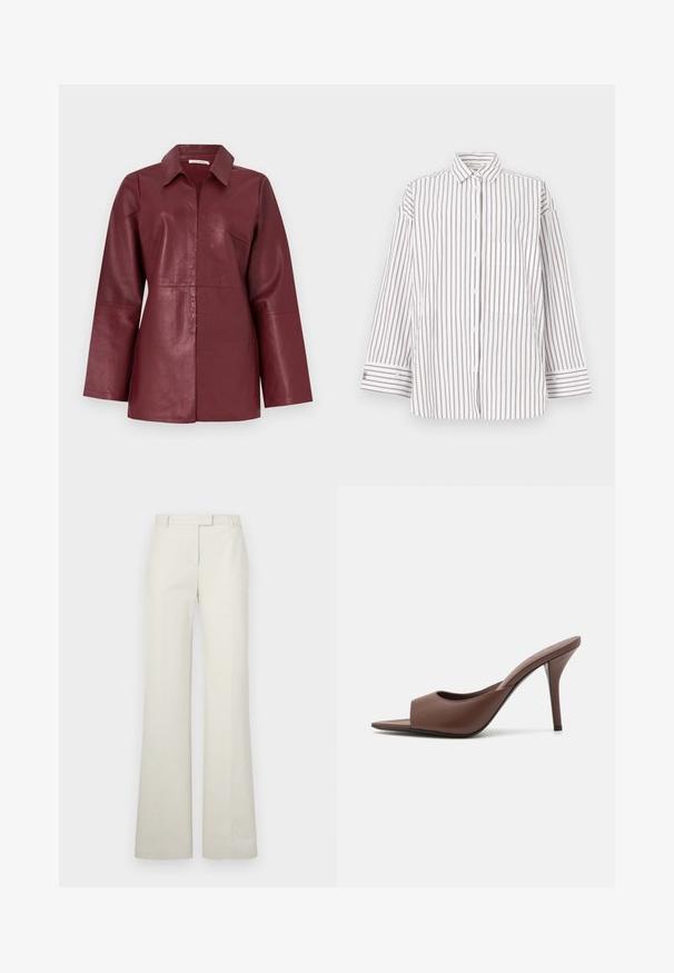Burgundy long-sleeve leather jacket with collar and front zipper, tailored fit and smooth texture.; Striped shirt made of lightweight fabric, featuring vertical brown and white stripes, a collar, and a front pocket. Long sleeves with button cuffs.; Cream wide-leg trousers with a smooth texture, belt loops, flat front, and no pockets. Tailored fit with a clean, minimal design.; Brown leather open-toe high-heeled mules with a sleek design, featuring a wide front strap and a slender stiletto heel.