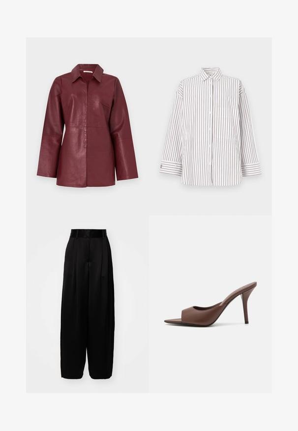 Vinröd långärmad läderjacka med krage och dragkedja fram, skräddarsydd passform och slät textur.; Randig skjorta i lätt tyg med vertikala bruna och vita ränder, krage och bröstficka. Långa ärmar med knäppningsbara manschetter.; By Malene Birger PISCALI - Tygbyxor - black; Bruna lädersandaler med öppen tå och hög klack, med en stilren design som har ett brett framrem och en smal stilettklack.